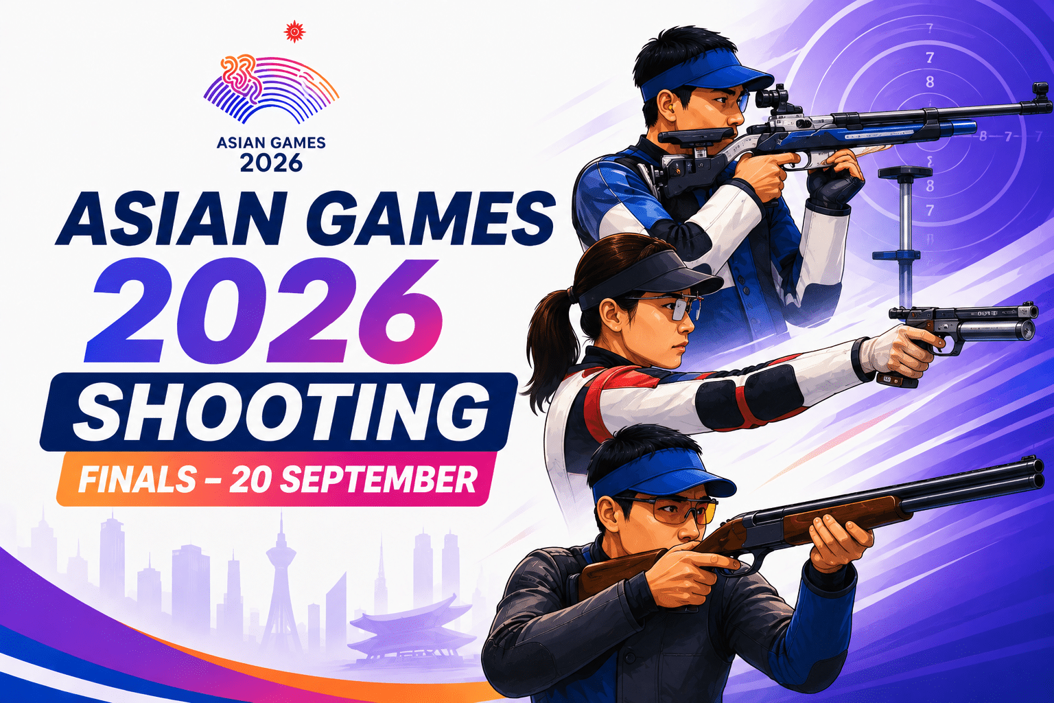 Asian Games 2026 Shooting Finals poster featuring athletes competing in rifle, pistol, and shotgun shooting events.