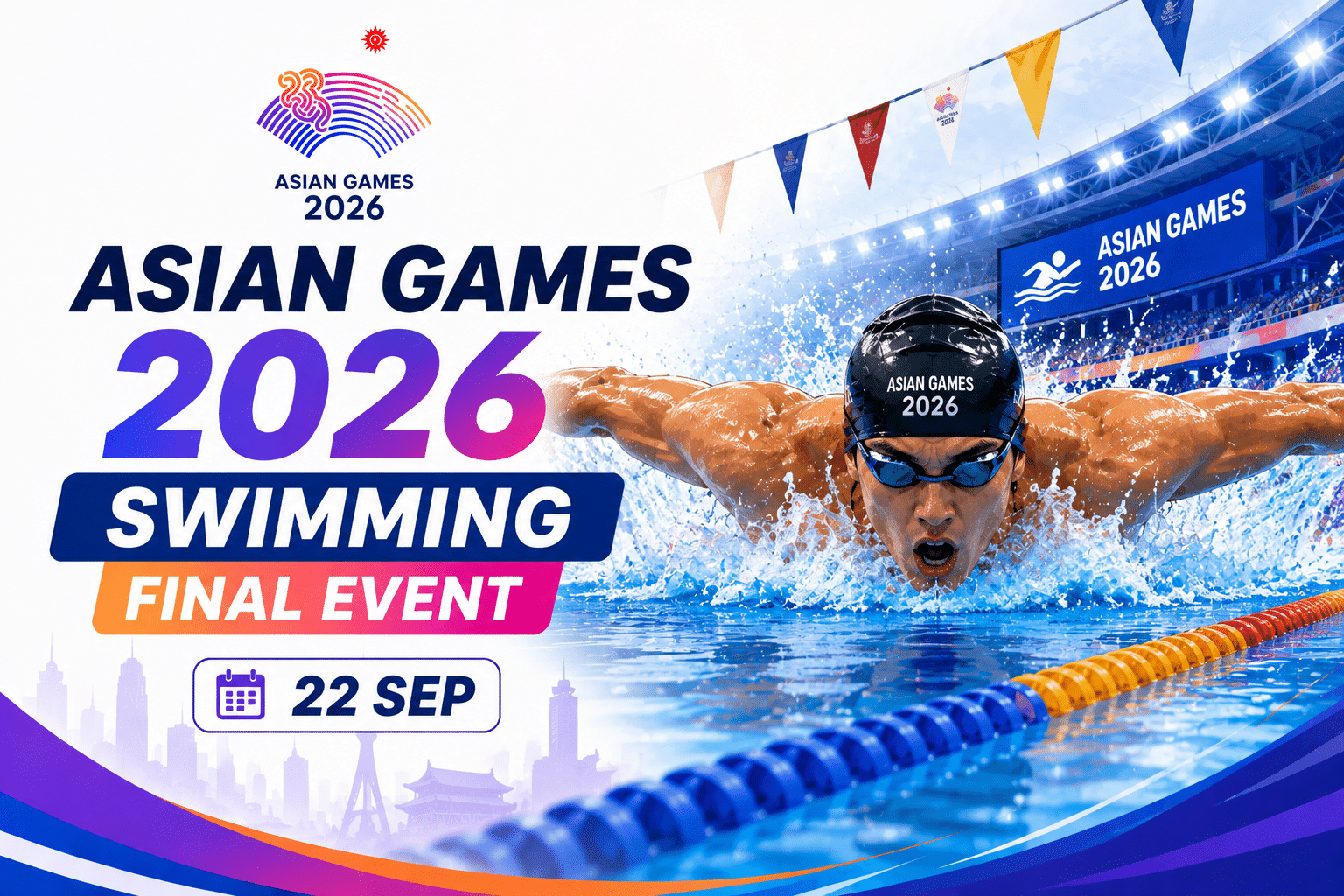 Asian Games 2026 Swimming Final Event poster featuring a swimmer performing the butterfly stroke in a competition pool, scheduled for 22 September.