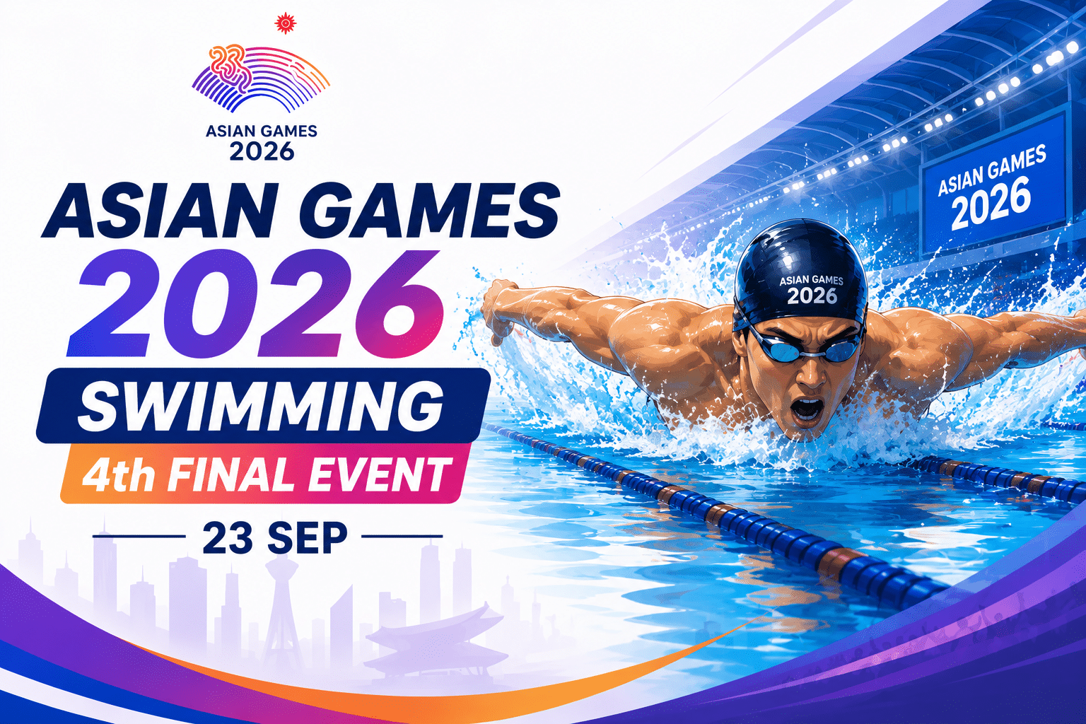 Asian Games 2026 Swimming 4th Final Event poster featuring a competitive swimmer racing in the pool on 23 September.