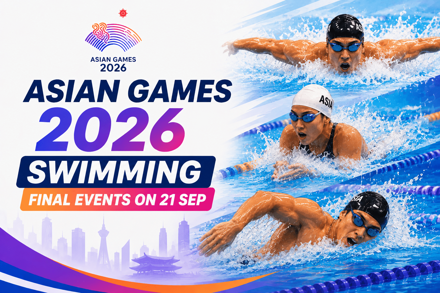 Asian Games 2026 Swimming Final Events poster featuring competitive swimmers racing in the pool on 21 September.