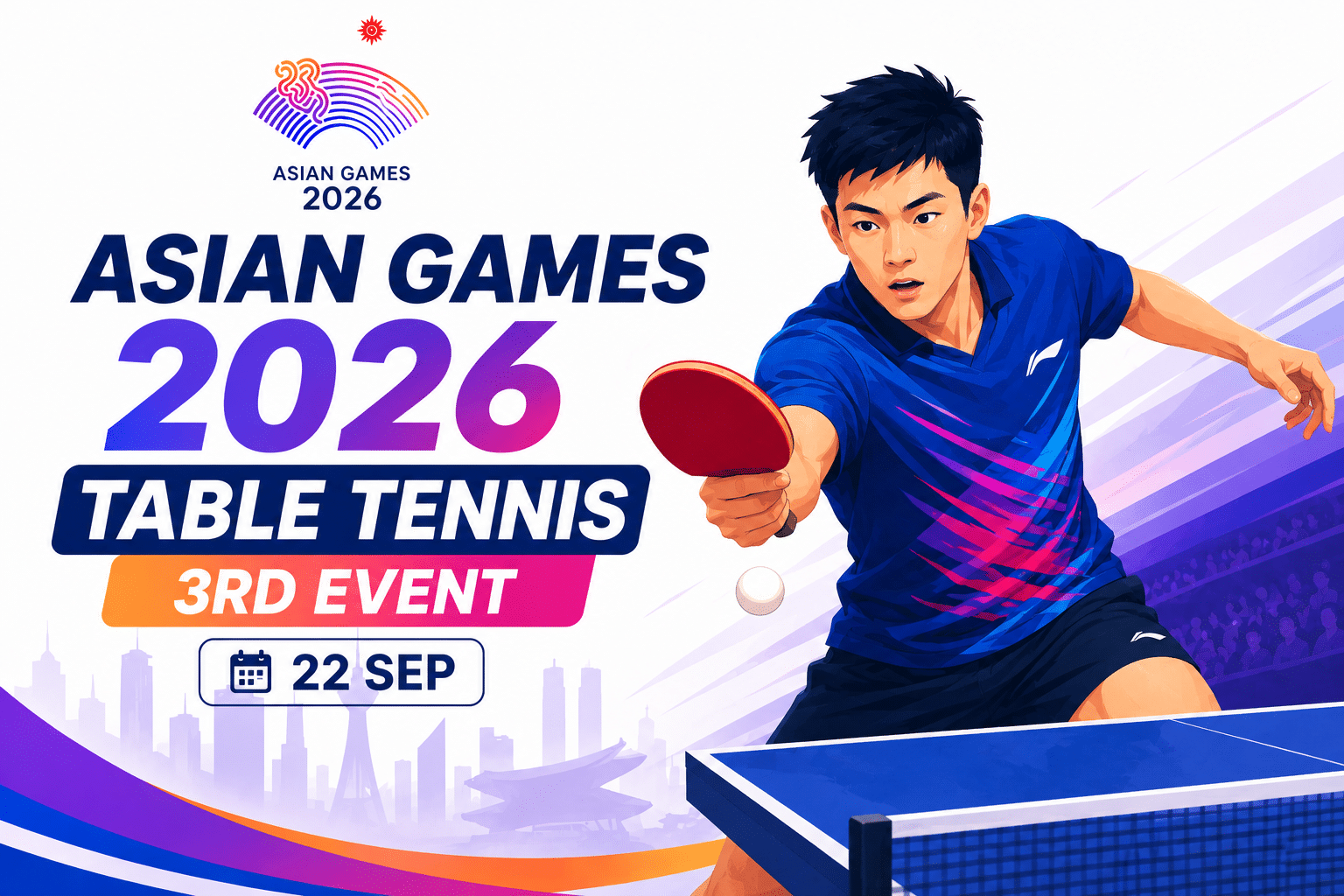 Asian Games 2026 Table Tennis 3rd Event poster featuring a player playing table tennis on 22 September.