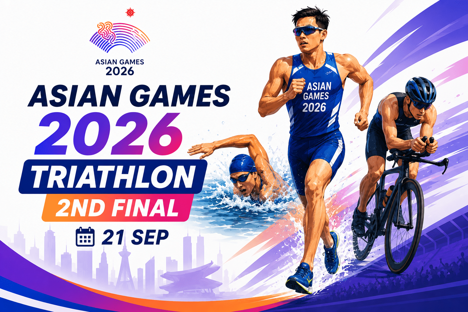 Asian Games 2026 Triathlon 2nd Final poster featuring athletes swimming, cycling, and running on 21 September.