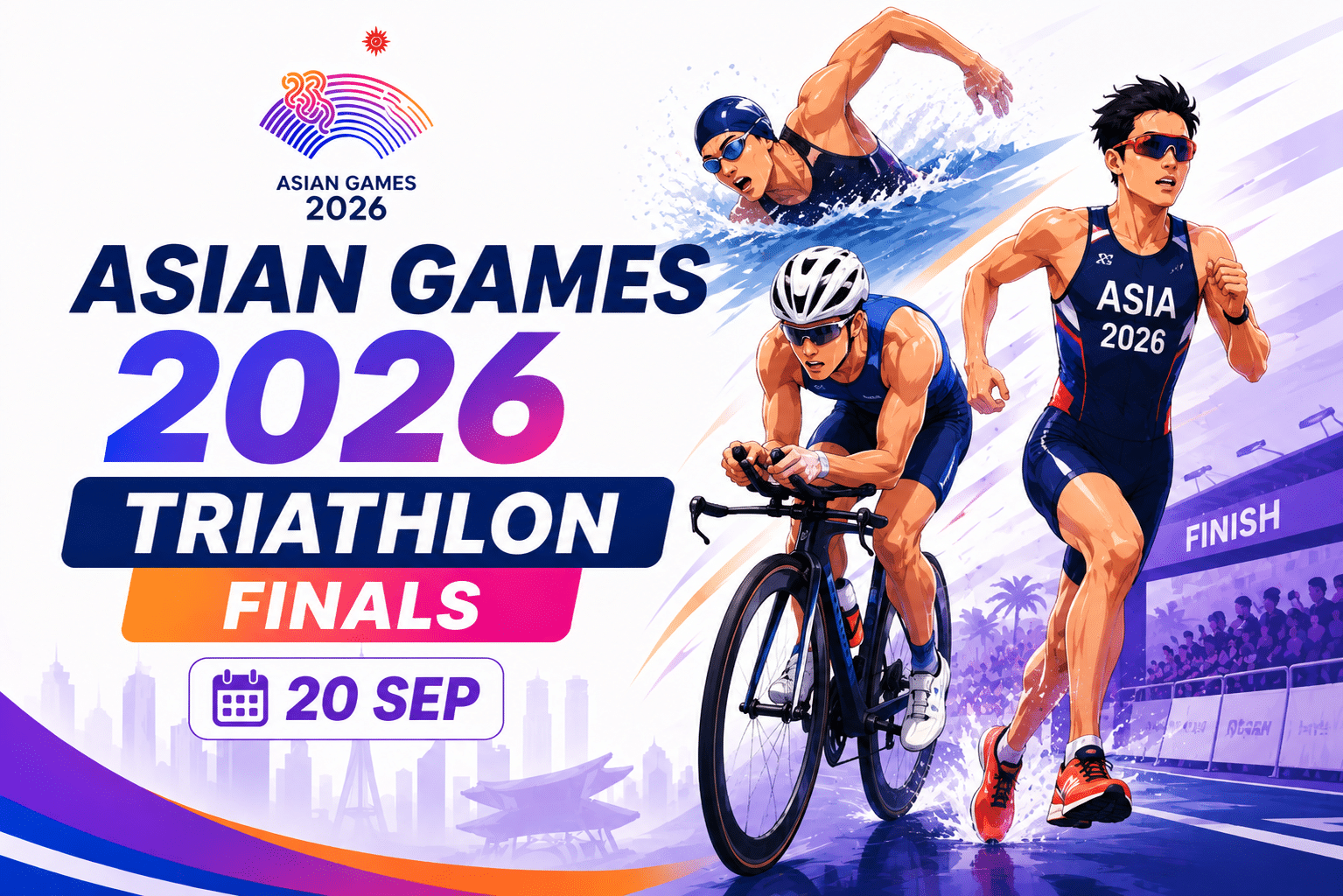Asian Games 2026 Triathlon Finals poster featuring swimming, cycling, and running athletes with the event date 20 Sep.