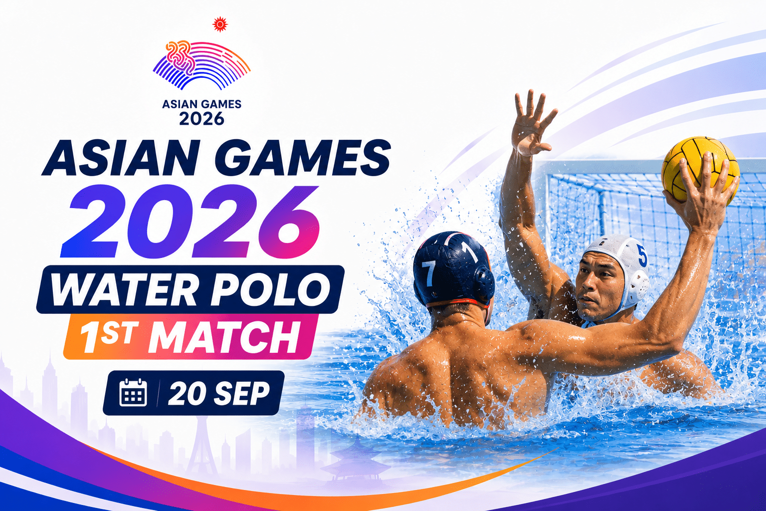 Asian Games 2026 Water Polo 1st Match poster featuring two water polo players competing in the pool with a yellow ball and dynamic water splashes.