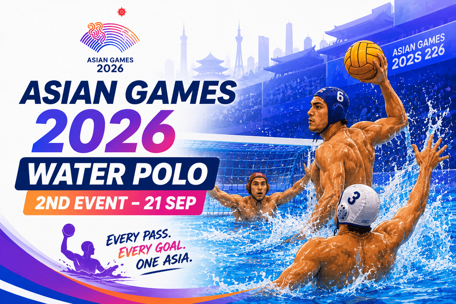 Asian Games 2026 Water Polo 2nd Event poster featuring players competing in an intense water polo match on 21 September.