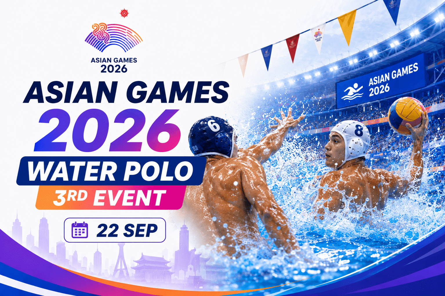 Asian Games 2026 Water Polo 3rd Event promotional banner featuring a water polo player in action with a stadium background and the event date, September 22.