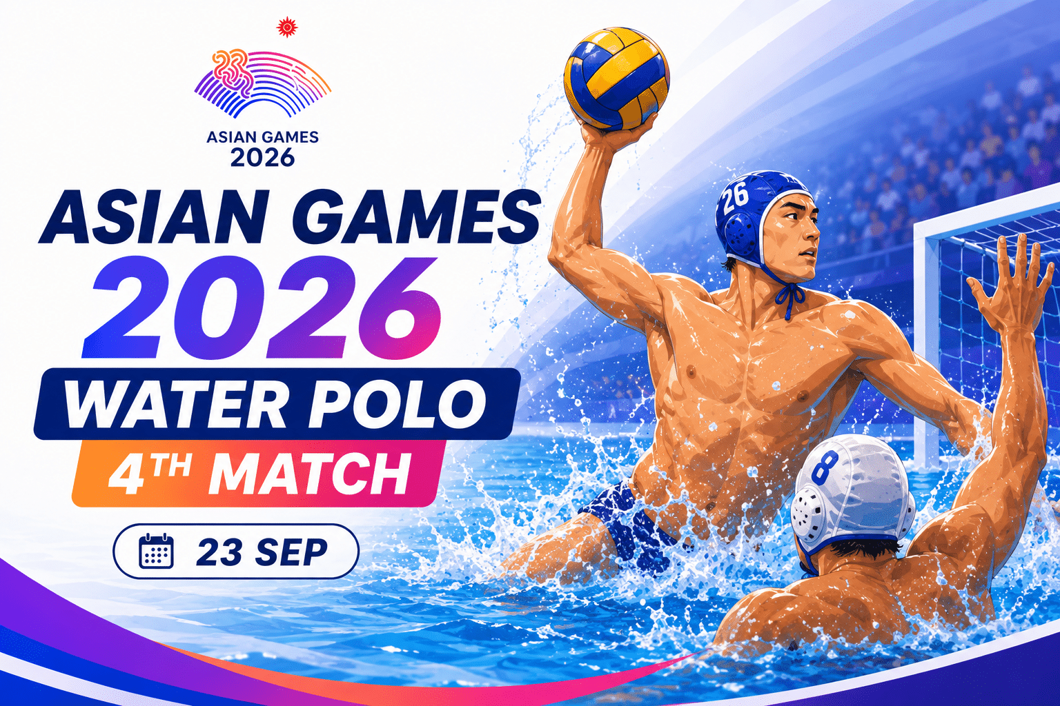 Asian Games 2026 Water Polo 4th Match poster featuring water polo players competing in a pool on 23 September 2026.