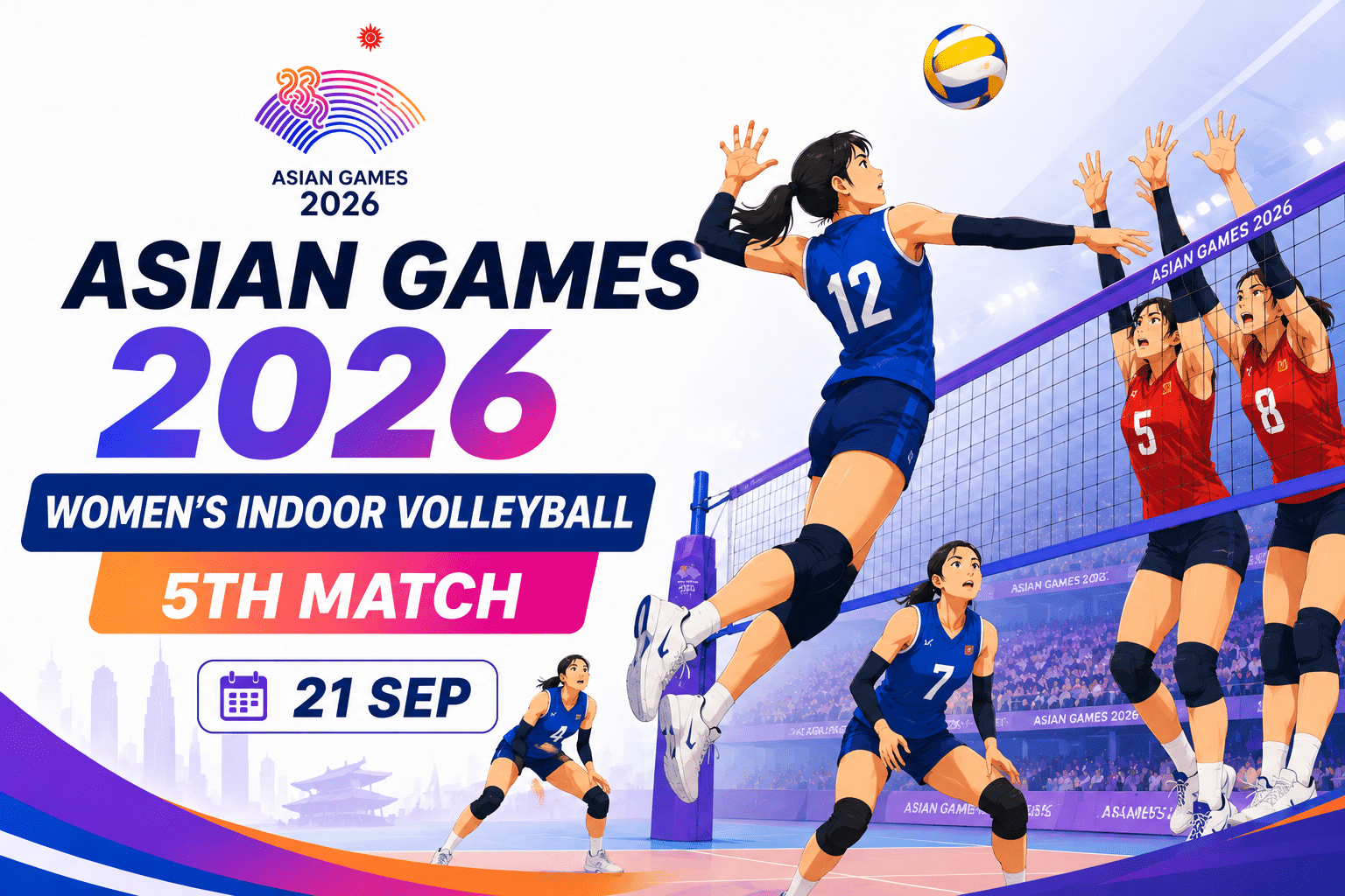 Asian Games 2026 Women’s Indoor Volleyball 5th Match poster featuring female volleyball players competing at the net, scheduled for 21 September.