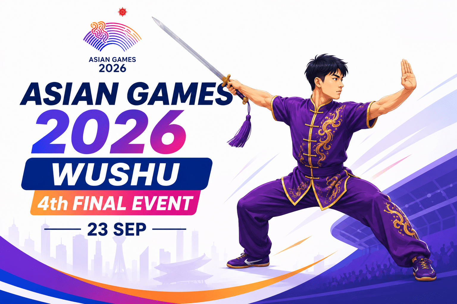 Asian Games 2026 Wushu 4th Final Event poster featuring a martial artist performing with a sword on 23 September.