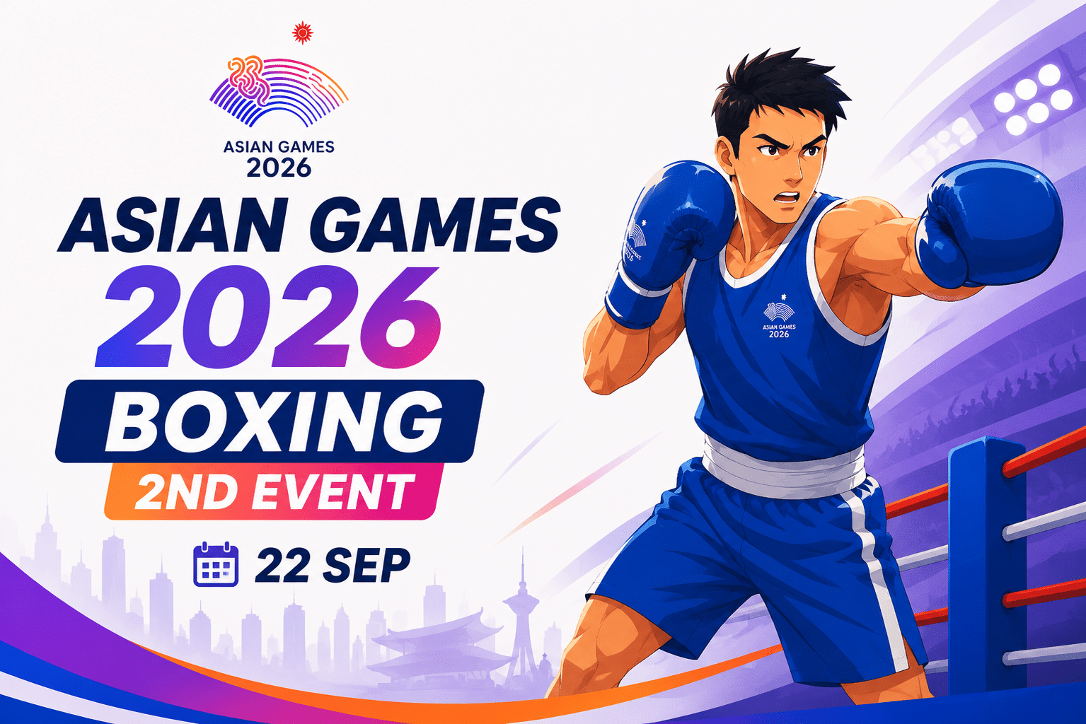 Asian Games 2026 Boxing 2nd Event poster featuring a boxer in action inside a boxing ring with the event date of 22 September.