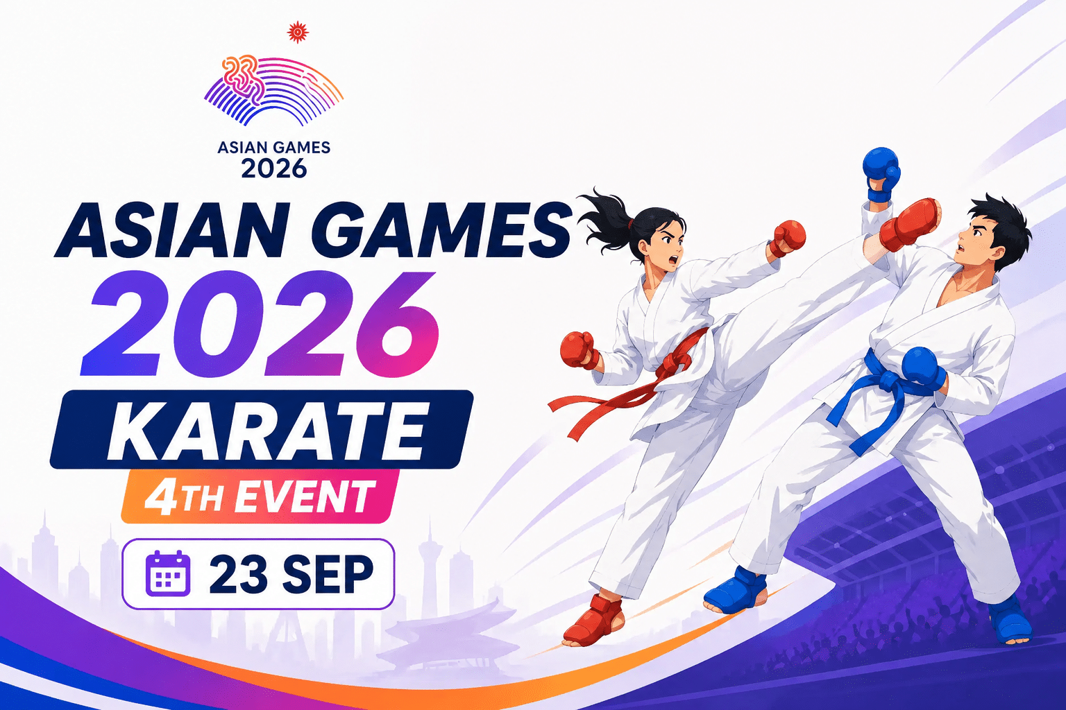 Asian Games 2026 Karate 4th Event promotional poster featuring two karate athletes sparring on 23 September.