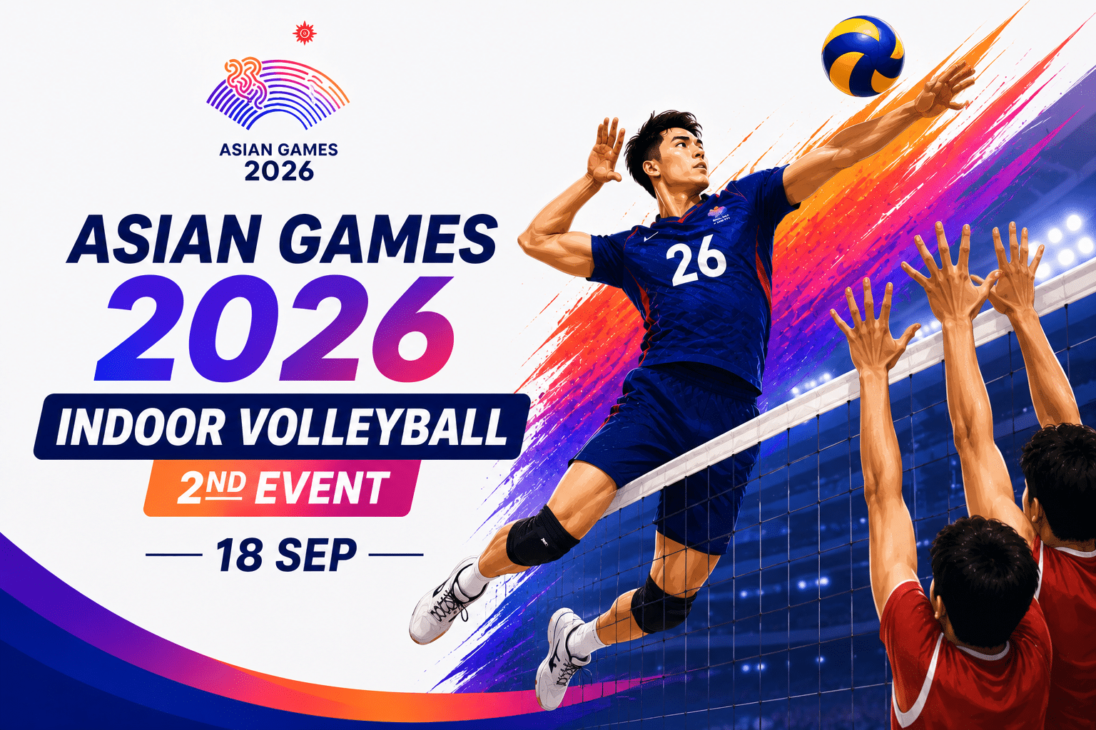 Asian Games 2026 Indoor Volleyball 2nd Event poster featuring a volleyball player spiking the ball in a packed stadium on 18 September.