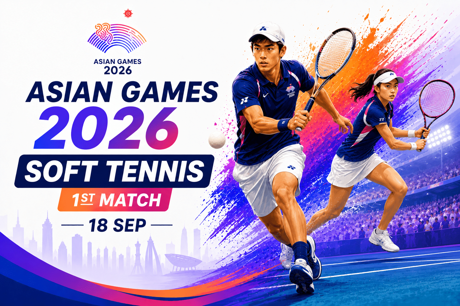 Asian Games 2026 Soft Tennis 1st Match poster featuring soft tennis players in action with colorful stadium graphics and the event date of 18 September.