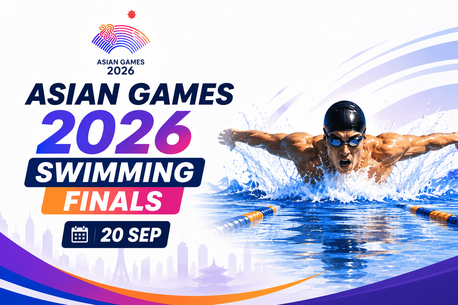 Asian Games 2026 Swimming Finals infographic featuring a competitive swimmer and event details for 20 September.
