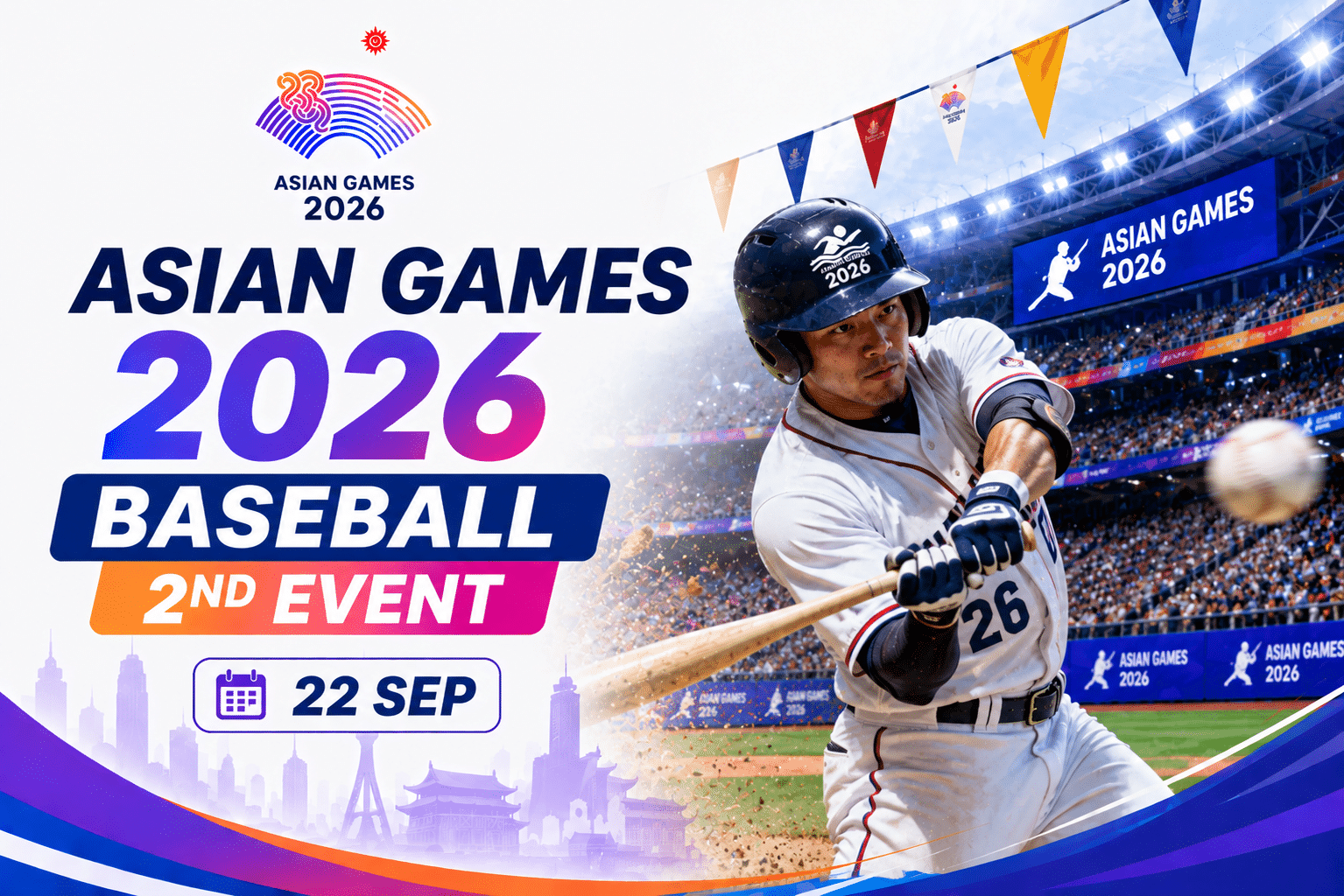 Asian Games 2026 Baseball 2nd Event promotional banner featuring a baseball player swinging a bat in a packed stadium with the event date, September 22.