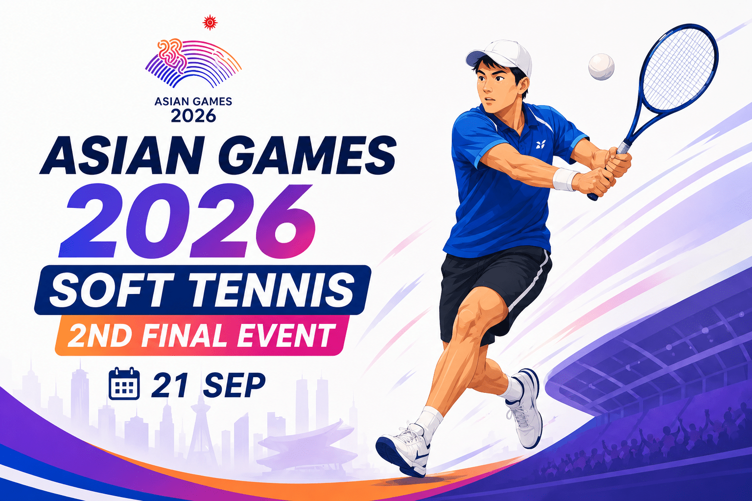 Asian Games 2026 Soft Tennis 2nd Final Event poster featuring a tennis player in action on 21 September.