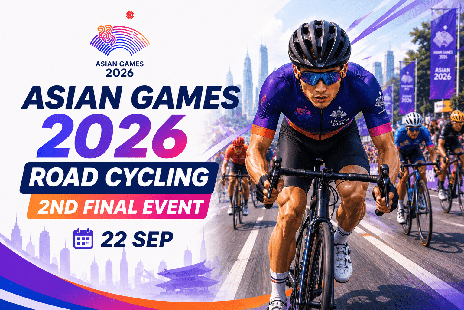 Asian Games 2026 Road Cycling 2nd Final Event poster featuring professional cyclists racing on a road course with the event date of 22 September.
