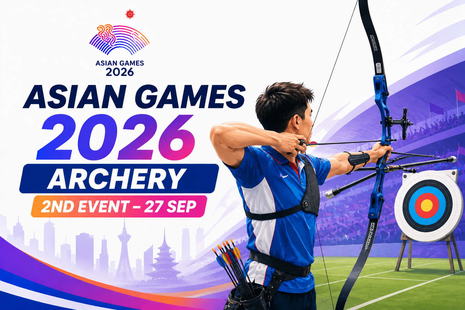 Asian Games 2026 Archery 2nd Event poster featuring an archer aiming at the target on 27 September.