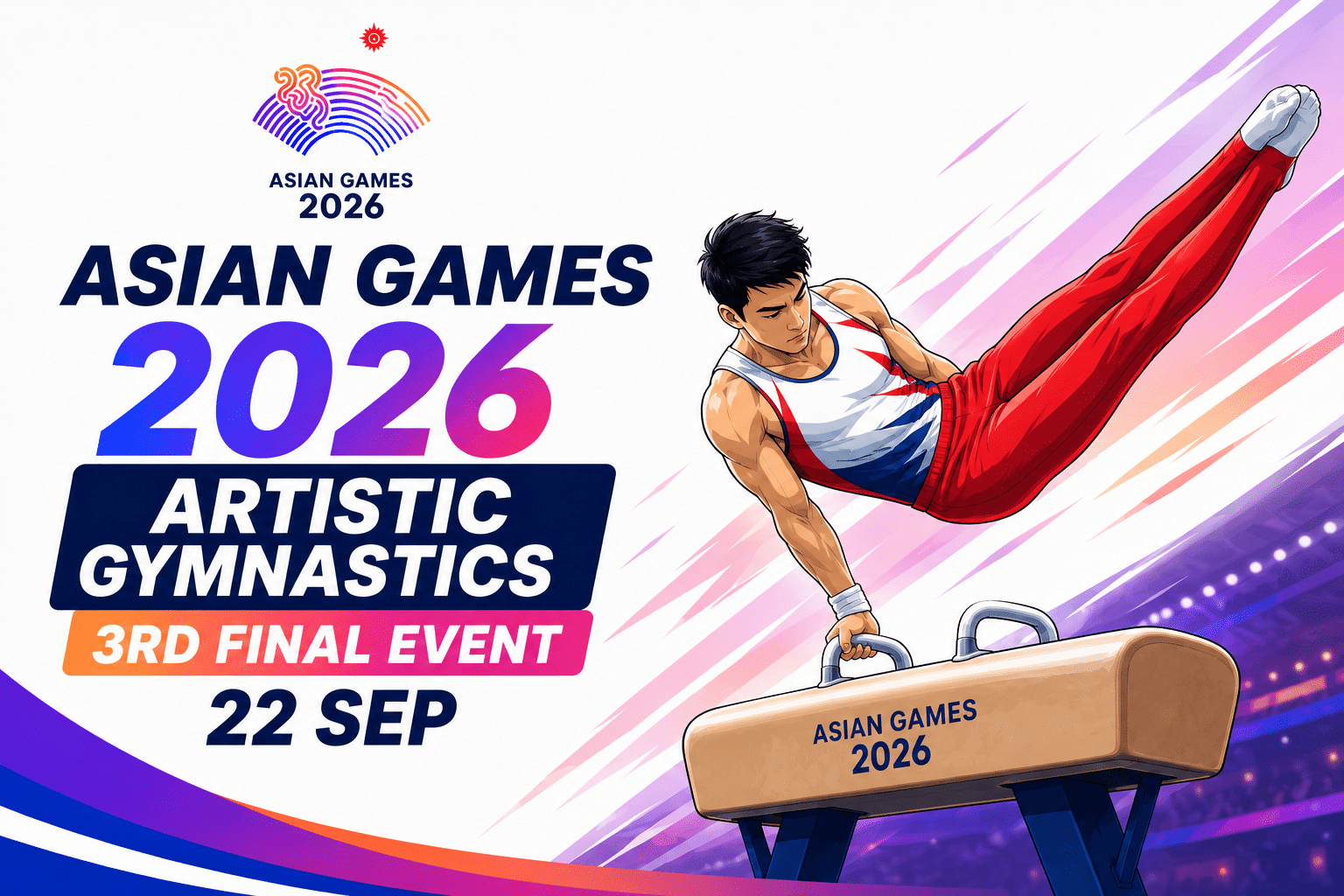 Asian Games 2026 Artistic Gymnastics 3rd Final Event promotional poster featuring a gymnast performing on the pommel horse with the event date, 22 September 2026.
