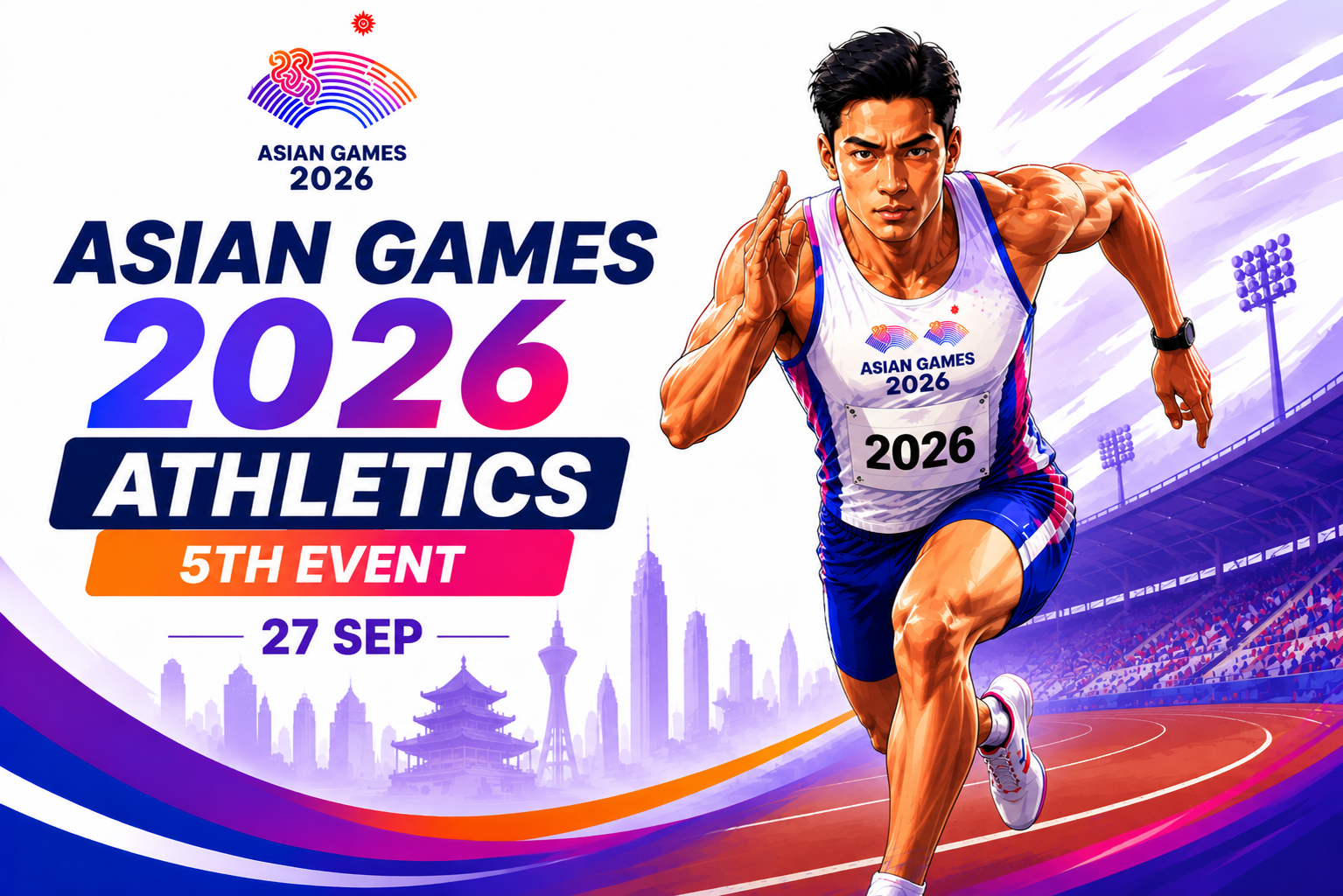 Sprinter in action on the Asian Games 2026 Athletics 5th Event promotional poster for 27 September.
