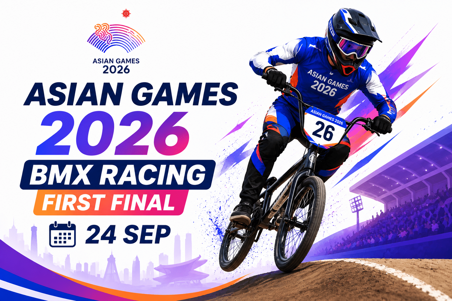 Asian Games 2026 BMX Racing First Final poster featuring a BMX rider in action on 24 September.