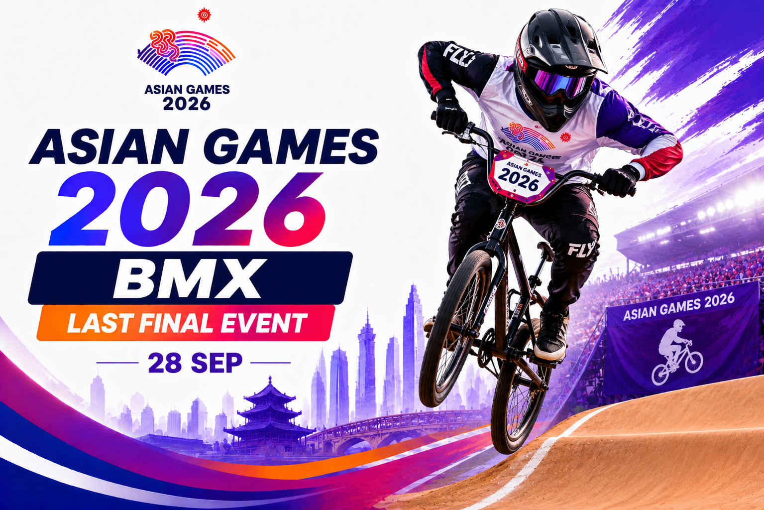 Asian Games 2026 BMX Last Final Event poster featuring a BMX rider performing a jump with the event date 28 Sep.