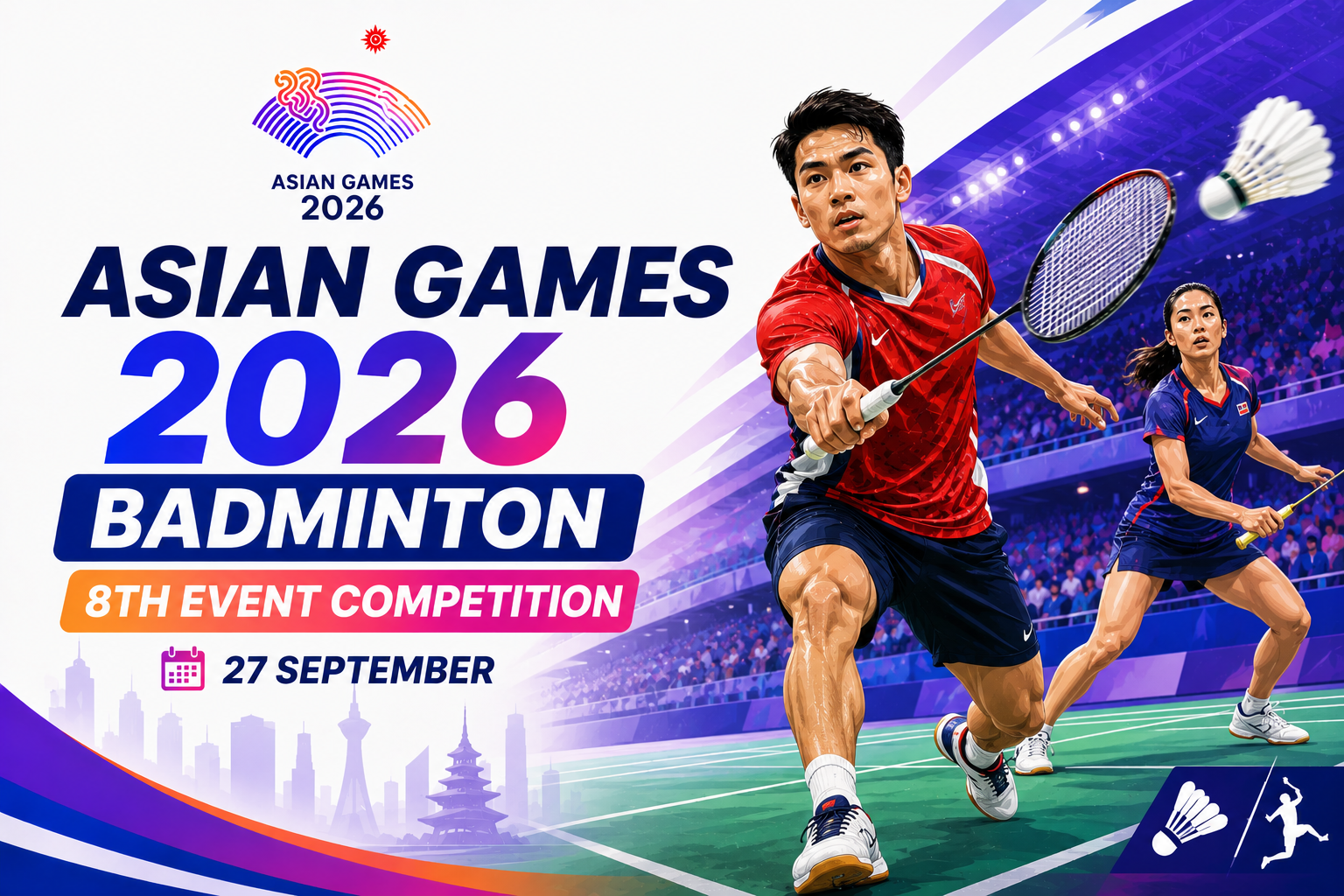 Asian Games 2026 Badminton 8th Event Competition poster featuring badminton players in action on 27 September.