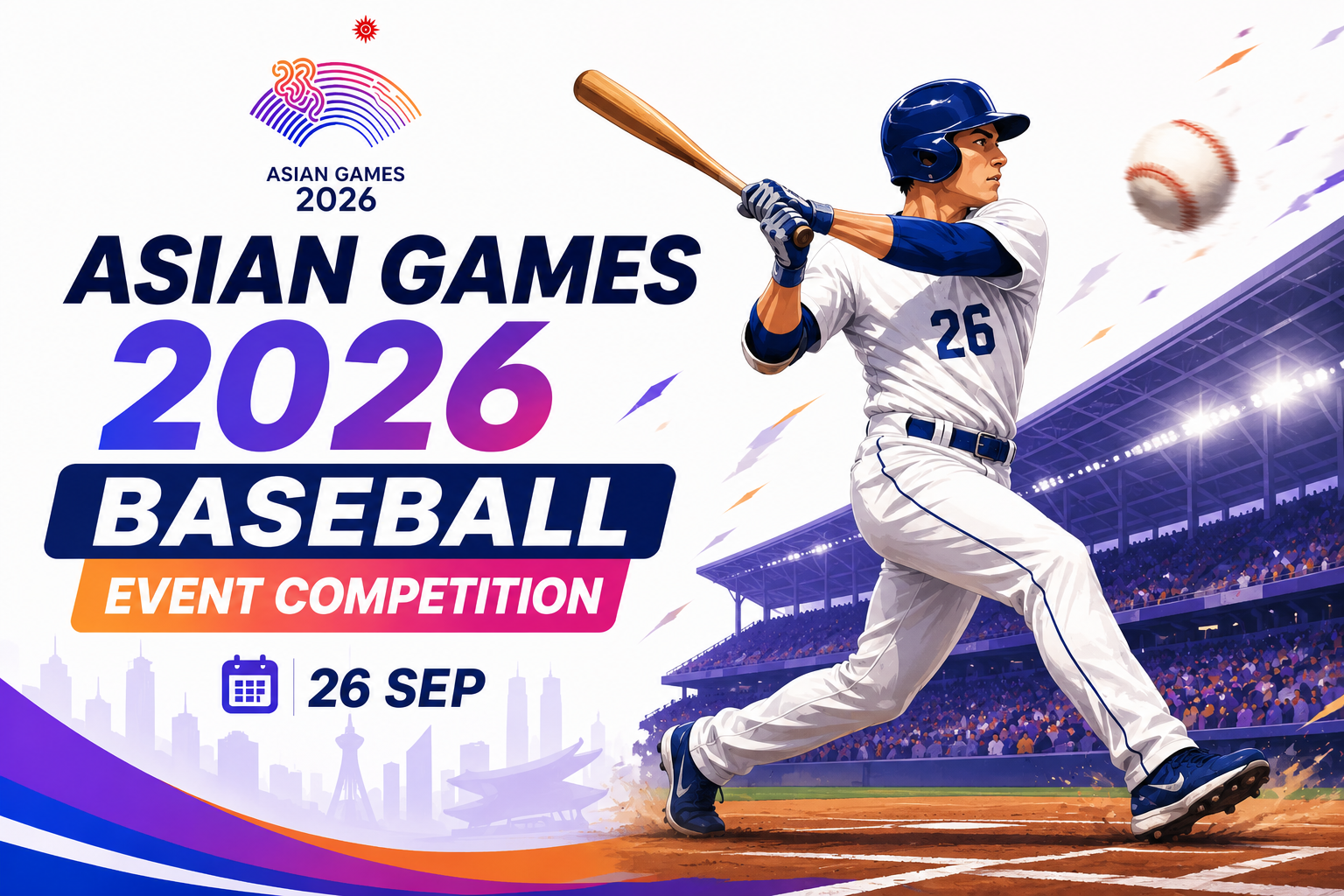 Asian Games 2026 Baseball Event Competition poster featuring a baseball player swinging a bat in a packed stadium, scheduled for 26 September.