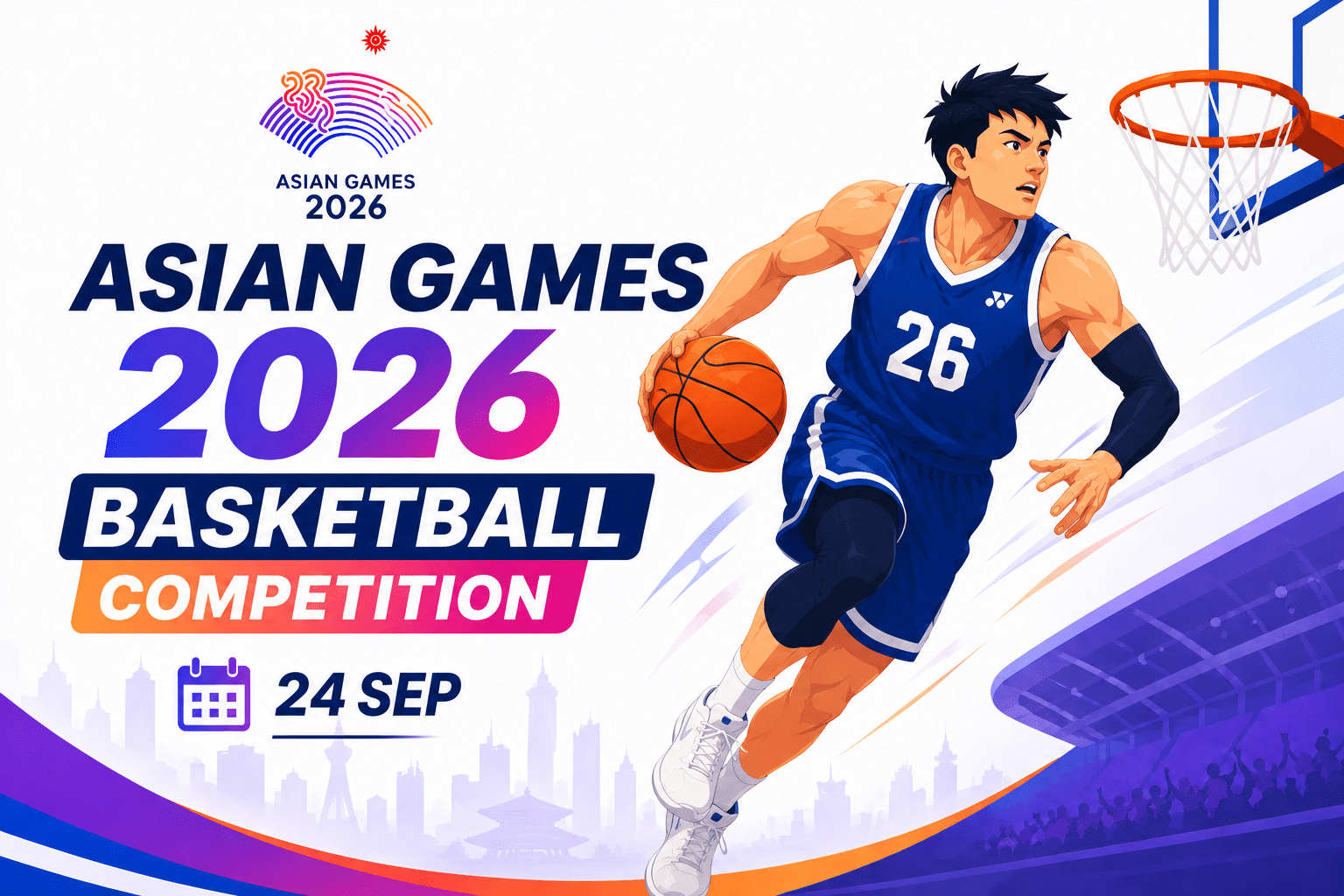 Asian Games 2026 Basketball Competition poster featuring a basketball player in action with the event date of 24 September in a vibrant stadium-themed design.