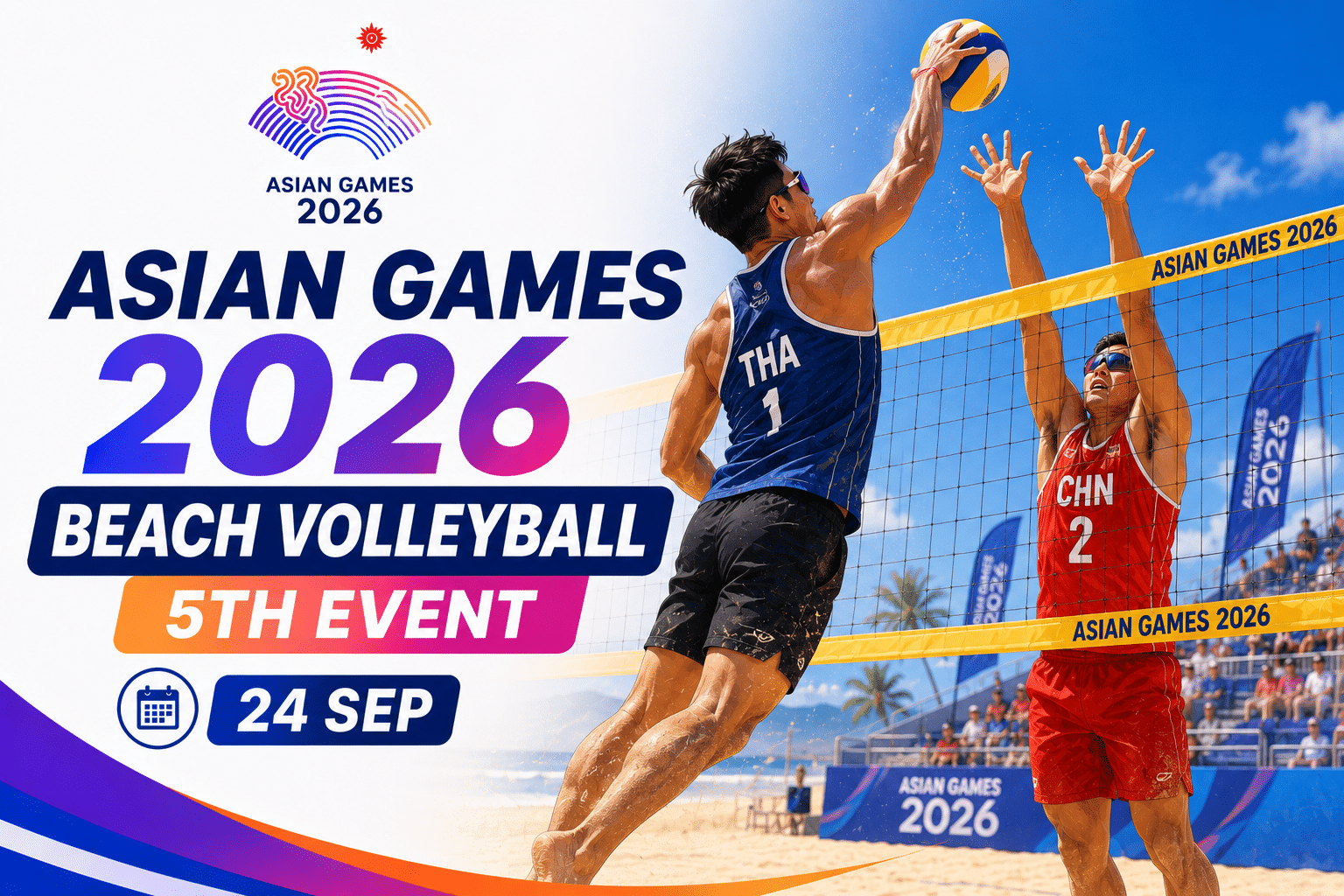 Asian Games 2026 Beach Volleyball 5th Event poster featuring two athletes competing at the net on a sandy beach court, with bold event branding and the date 24 September.