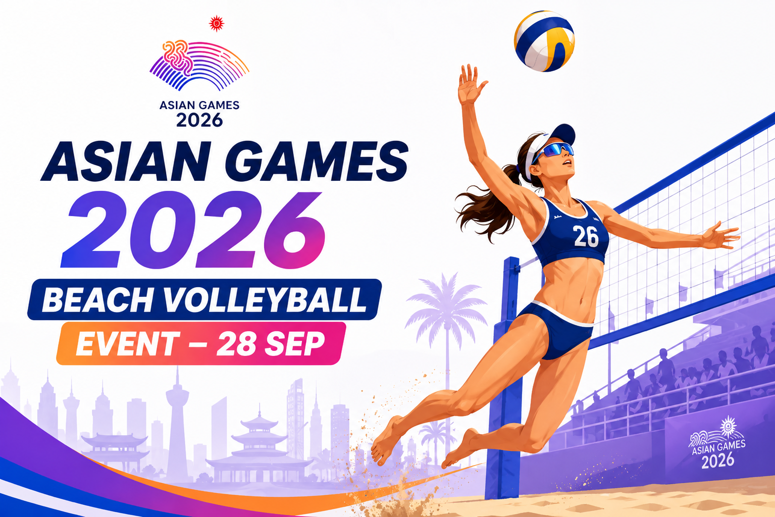 Asian Games 2026 Beach Volleyball Event – 28 September featuring a female athlete diving to spike the ball on a beach court.