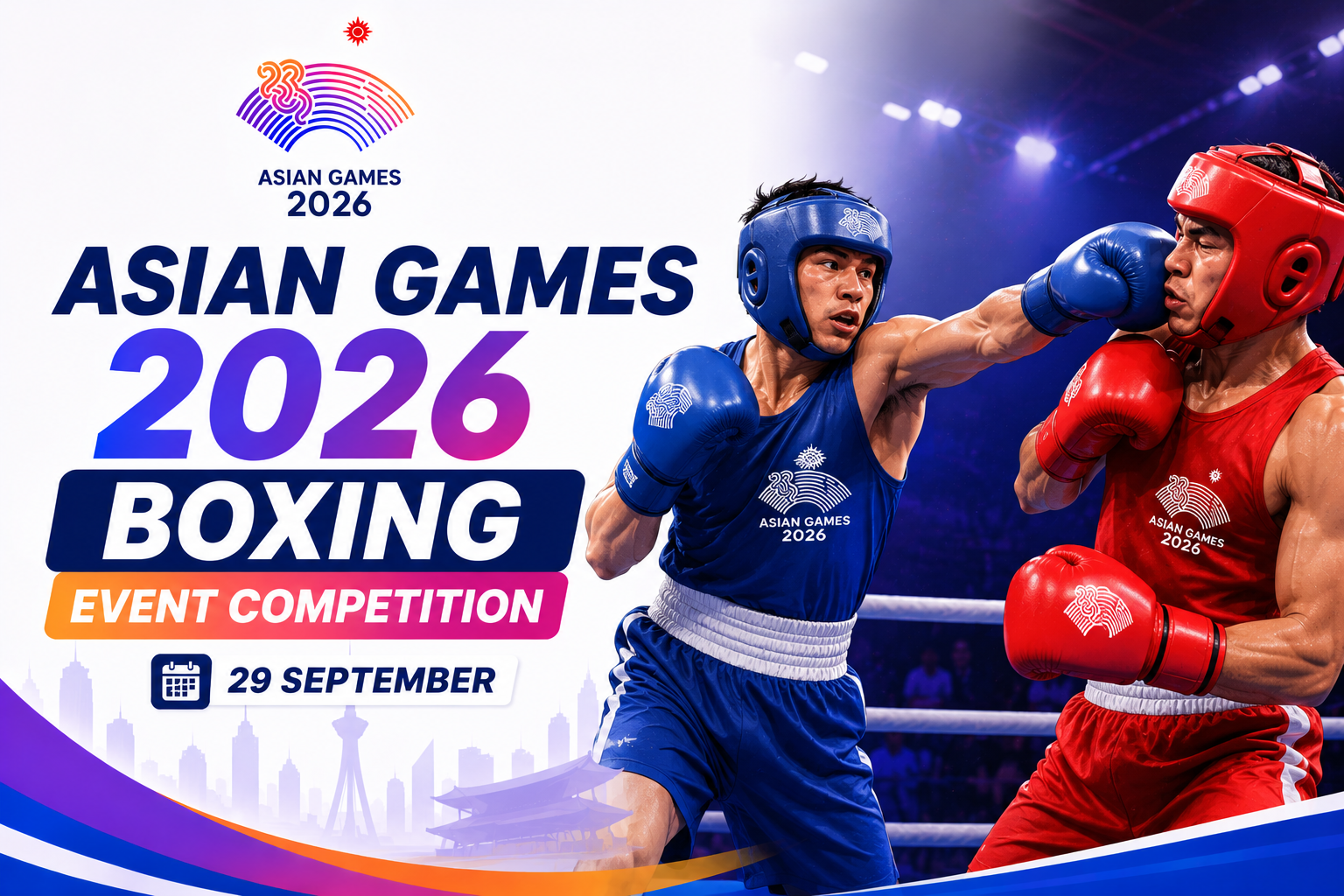 Asian Games 2026 Boxing event competition on 29 September featuring two boxers in action.