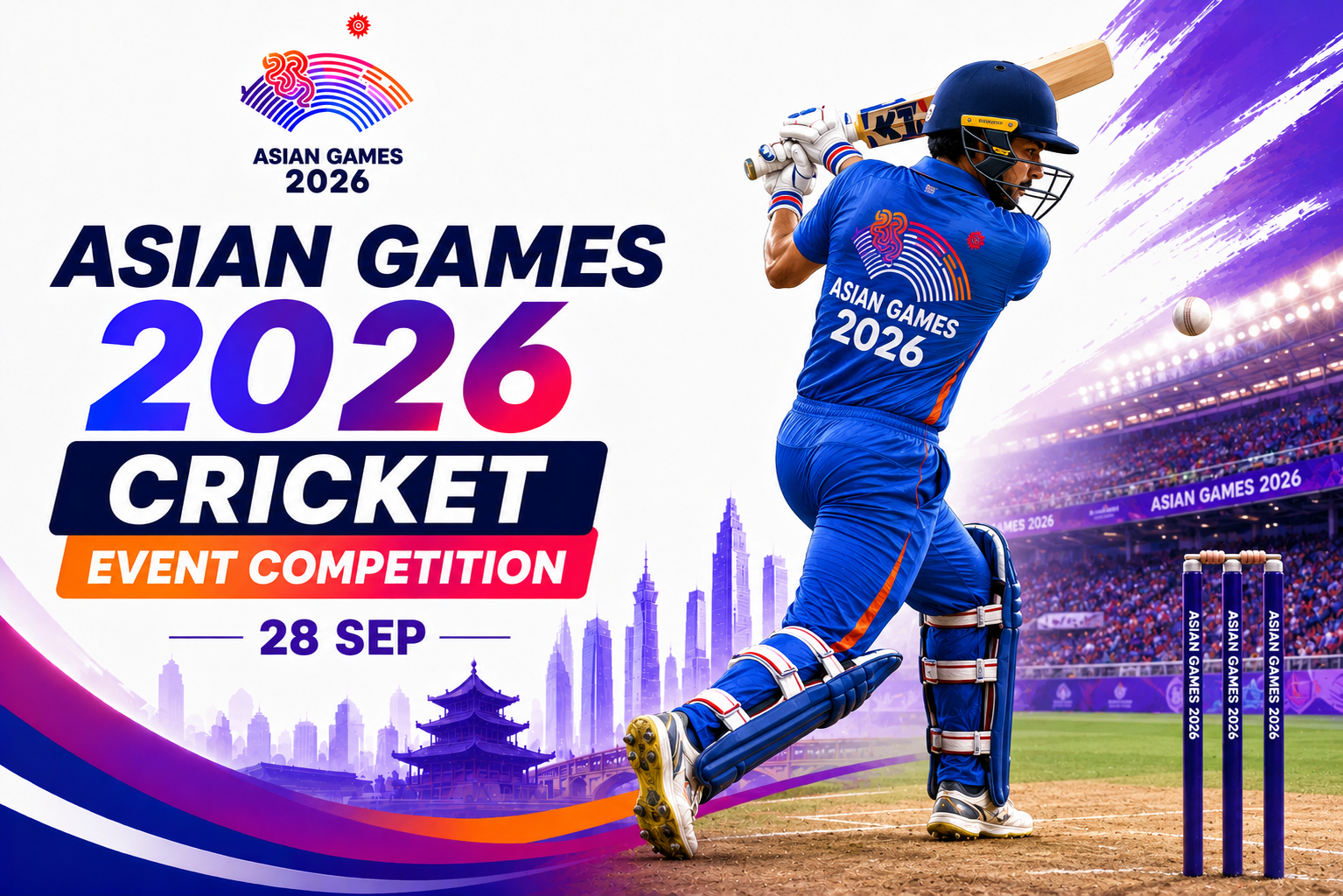 Asian Games 2026 Cricket Event Competition poster featuring a batsman in action inside a packed stadium with the event date 28 Sep.