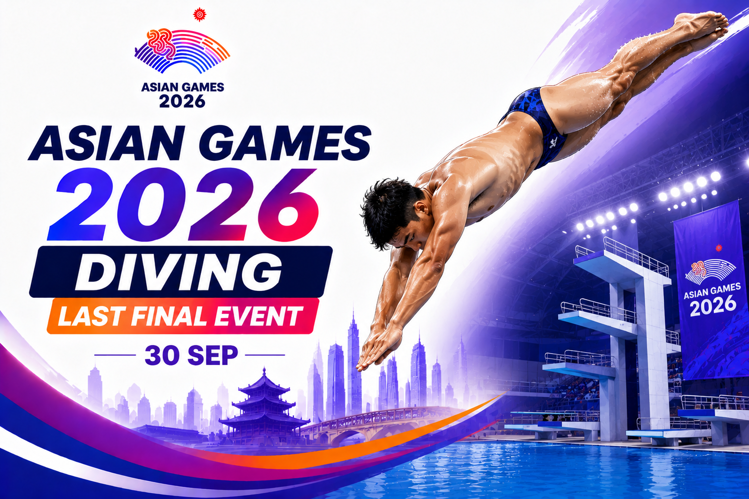 Asian Games 2026 Diving Last Final Event poster featuring a diver in mid-air with bold event branding and the date 30 September.