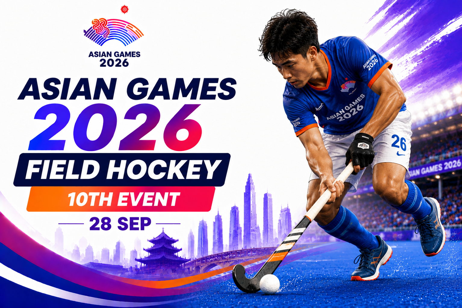 Asian Games 2026 Field Hockey 10th Event poster featuring a field hockey player in action with the event date 28 Sep.