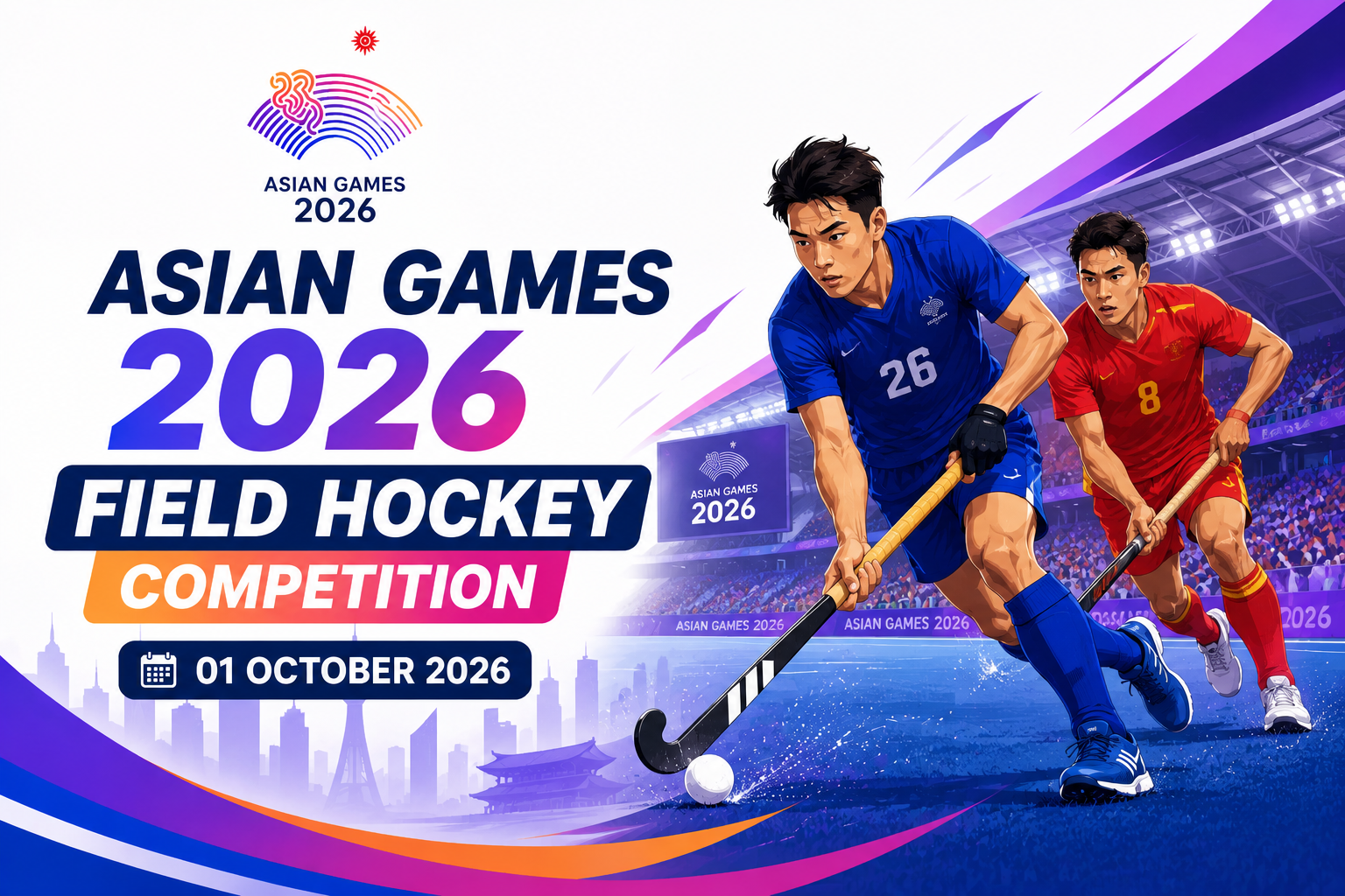 Asian Games 2026 Field Hockey Competition poster featuring two players competing on the field with the event date of 1 October 2026.