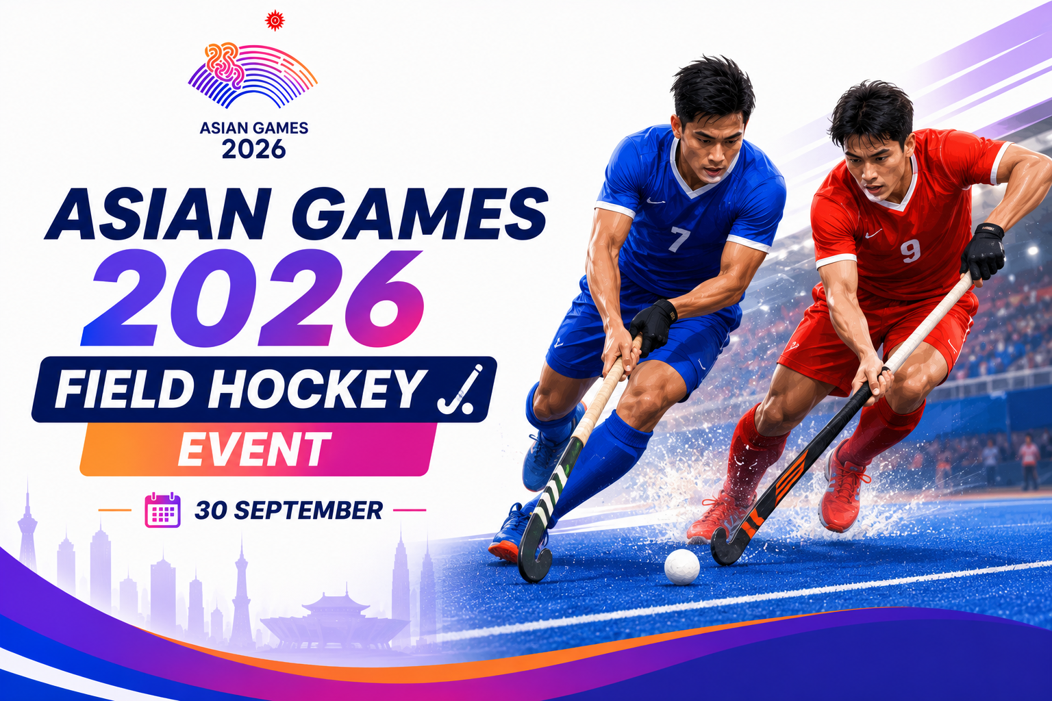 Asian Games 2026 Field Hockey event poster showing two players competing on a blue field on September 30.