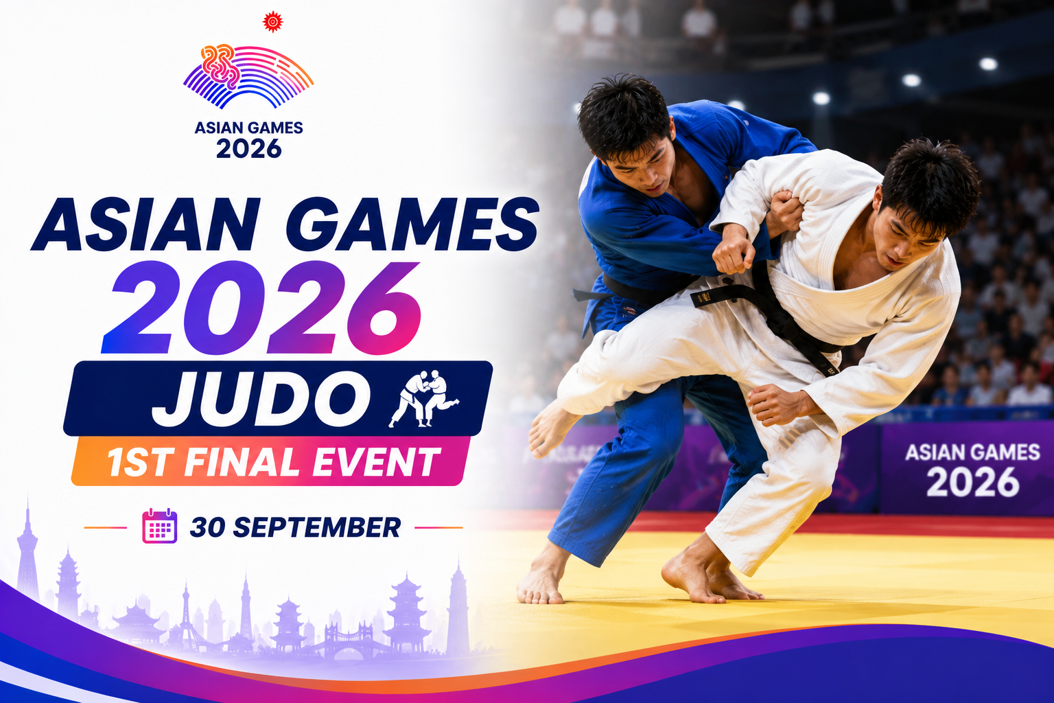 Asian Games 2026 Judo 1st Final Event poster featuring two judokas competing on September 30.