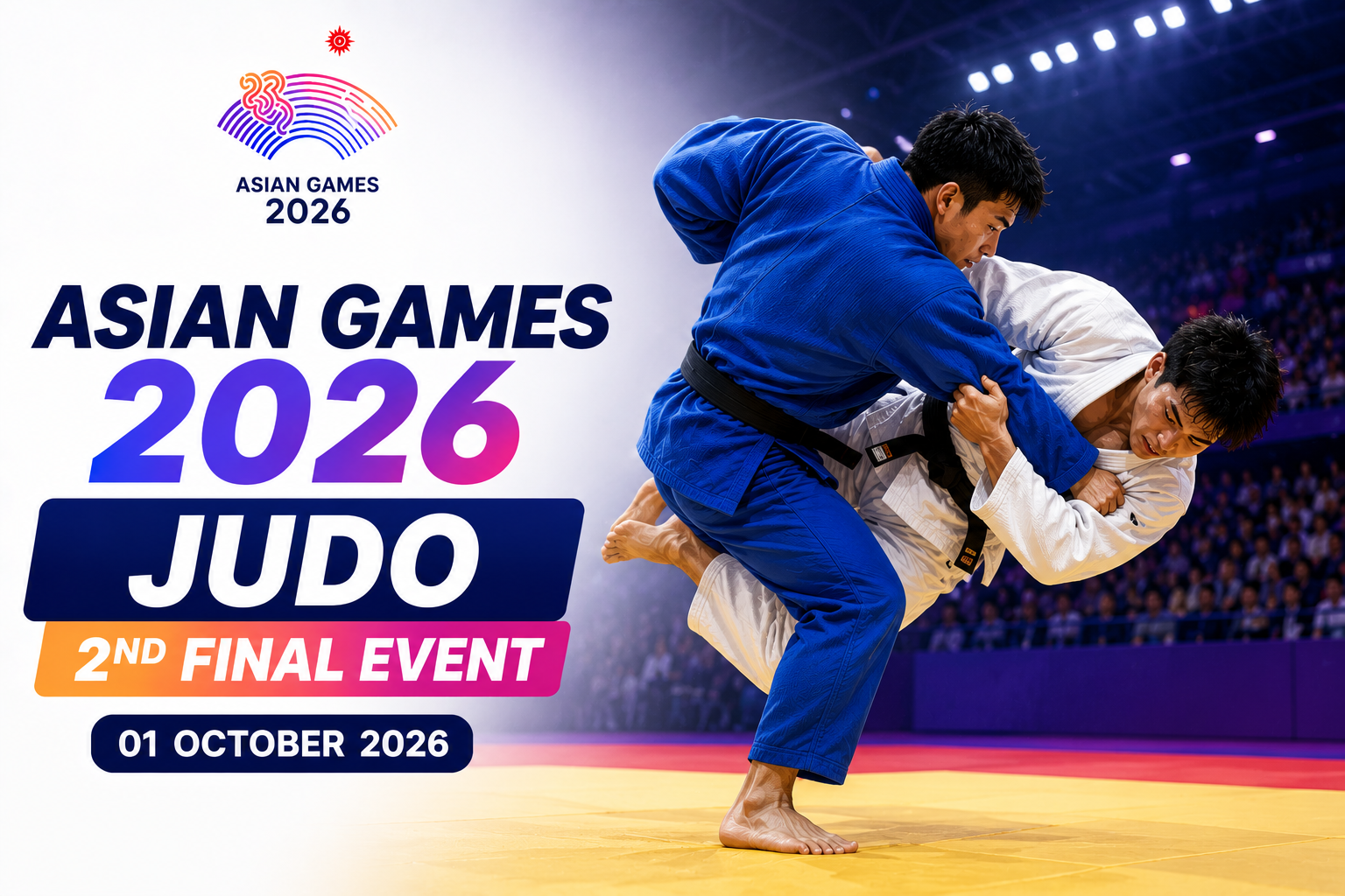 Asian Games 2026 Judo 2nd Final Event poster featuring two judokas competing in a championship match on 1 October 2026.