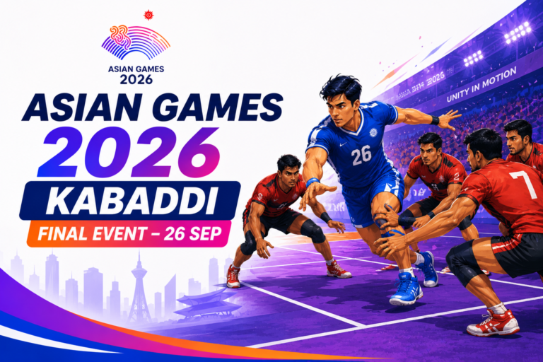 Asian Games 2026 Kabaddi Final Event – 26 Sep promotional poster featuring a kabaddi raider facing multiple defenders in action.