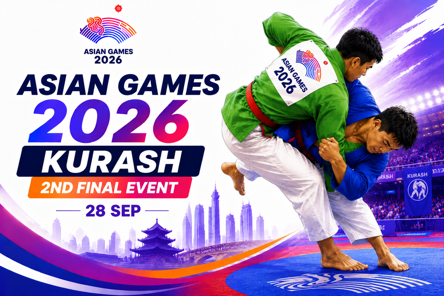 Asian Games 2026 Kurash 2nd Final Event poster featuring two athletes competing in a Kurash match with bold event branding and the date 28 September.