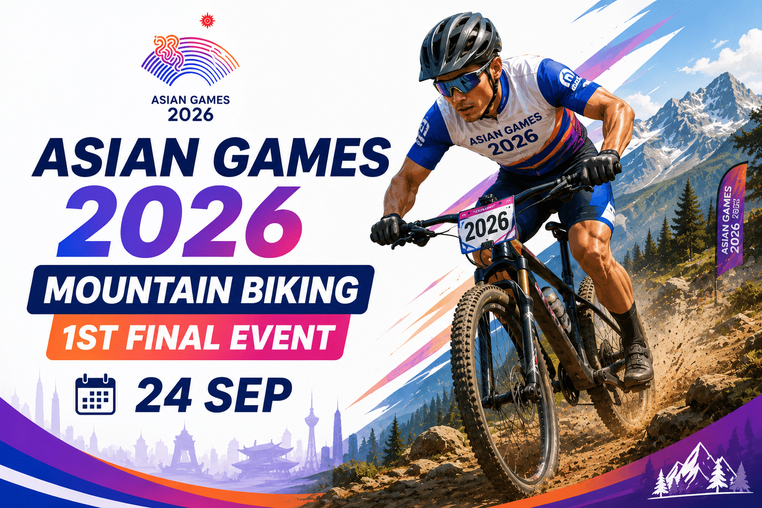 Asian Games 2026 Mountain Biking 1st Final Event poster featuring a cyclist racing on 24 September.