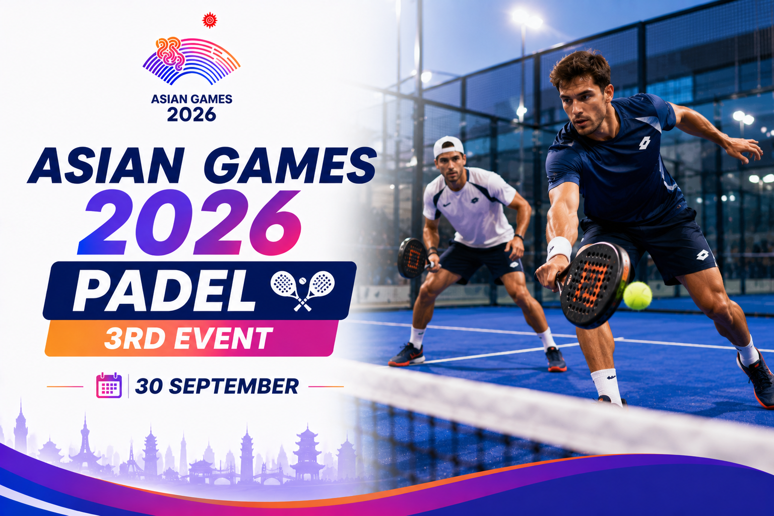 Asian Games 2026 Padel 3rd Event poster featuring two players competing on September 30.