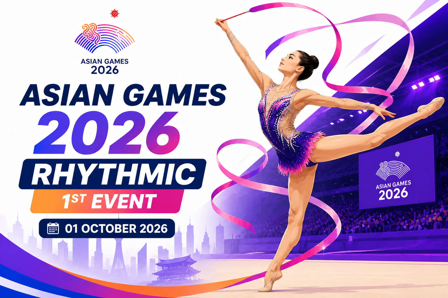 Asian Games 2026 Rhythmic 1st Event poster featuring a rhythmic gymnast performing with a ribbon on 1 October 2026.