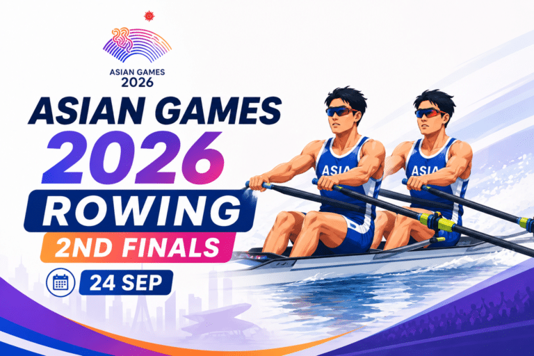 Asian Games 2026 Rowing 2nd Finals poster featuring two competitive rowers racing across the water, with bold event branding and the date 24 September.
