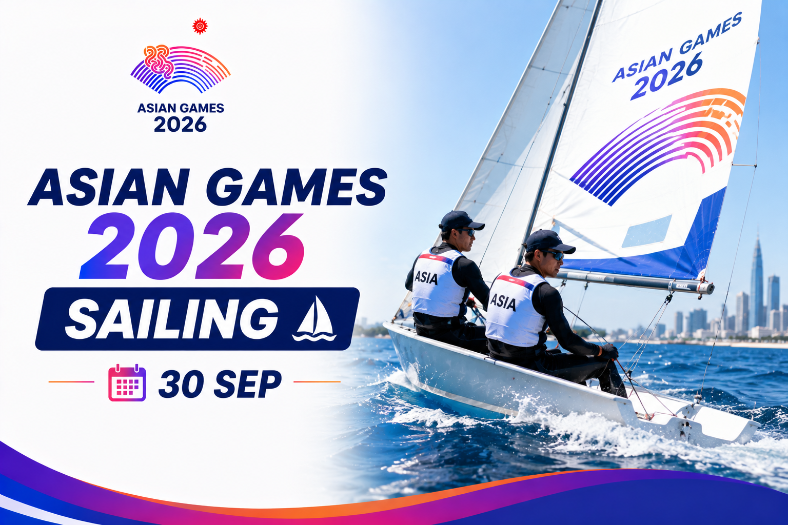 Asian Games 2026 Sailing event poster featuring sailors racing on the water on September 30.