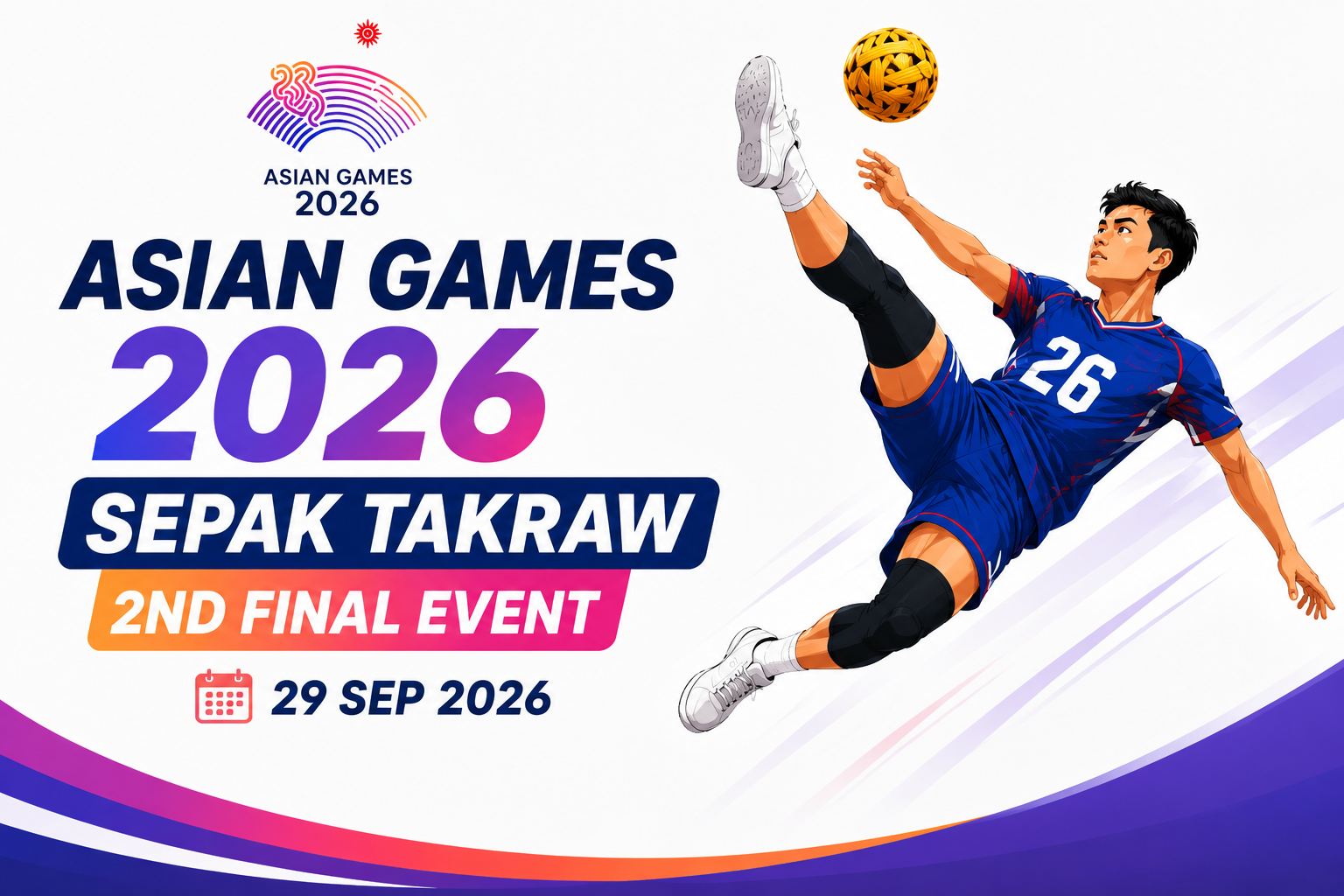 Asian Games 2026 Squash Event Competition poster featuring a squash player in action on 29 September 2026.