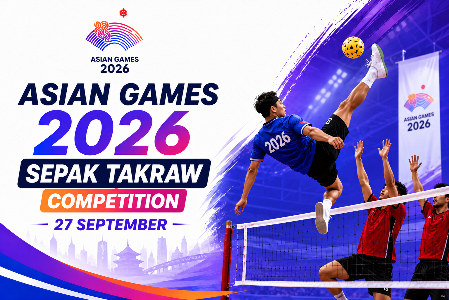 Asian Games 2026 Sepak Takraw competition poster featuring an athlete performing an aerial kick with the event date, 27 September.