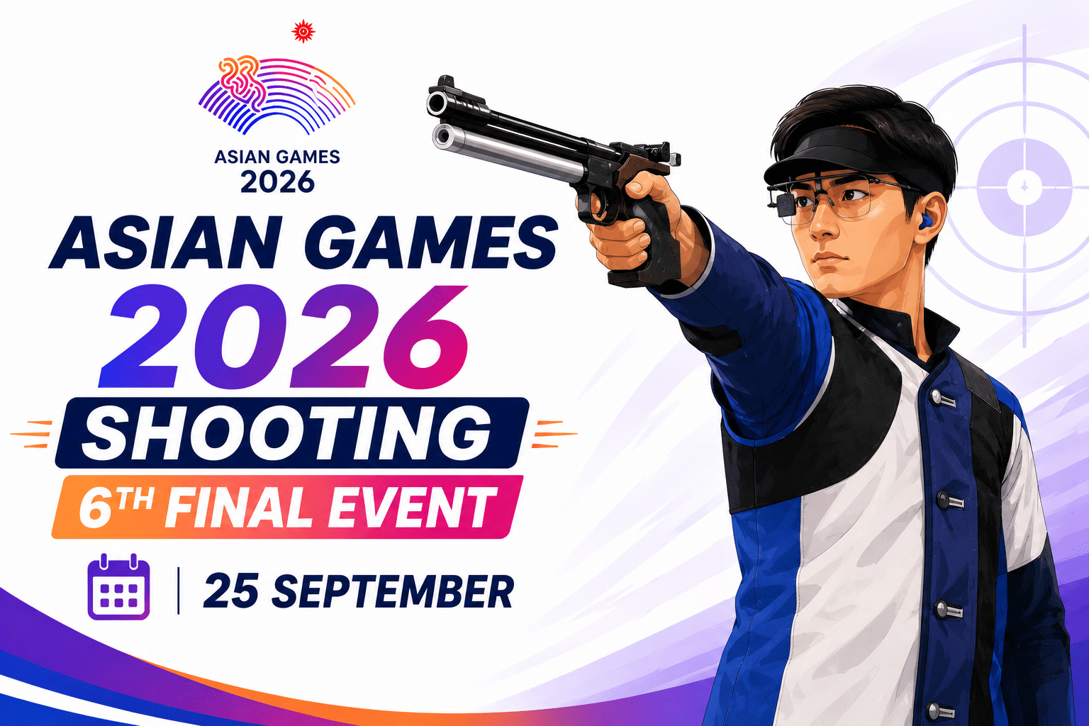 Asian Games 2026 Shooting promotional poster featuring a shooter aiming at a target, highlighting the 6th Final Event on 25 September.
