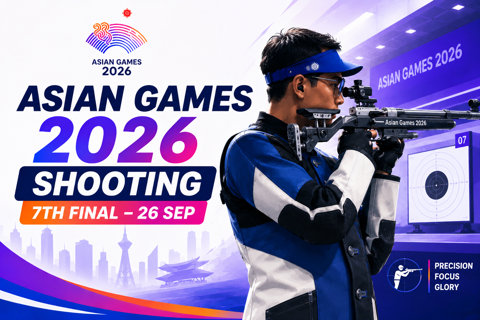 Asian Games 2026 Shooting 7th Final – 26 Sep promotional poster featuring a rifle shooter aiming at a target in a competition arena.